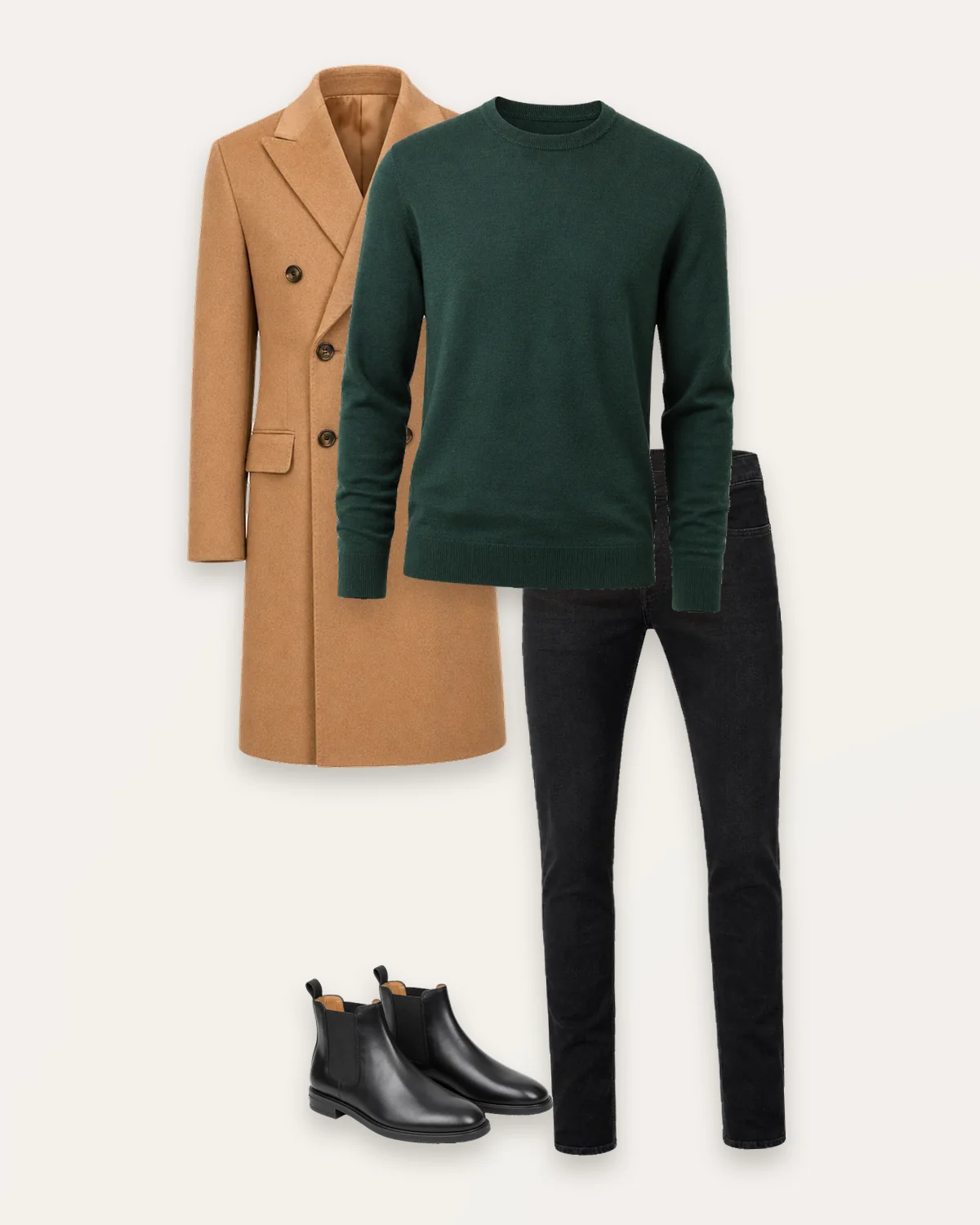 A dinner look from the sample closet: forest merino, black jeans, camel overcoat and black Chelsea boots